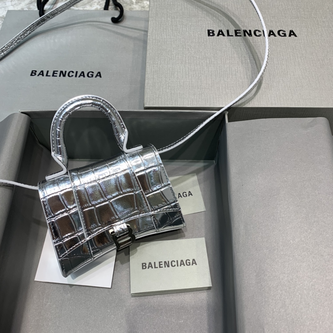 Balenciaga Hourglass Mini Handbag Crocodile Embossed Shoulder Bag Silver